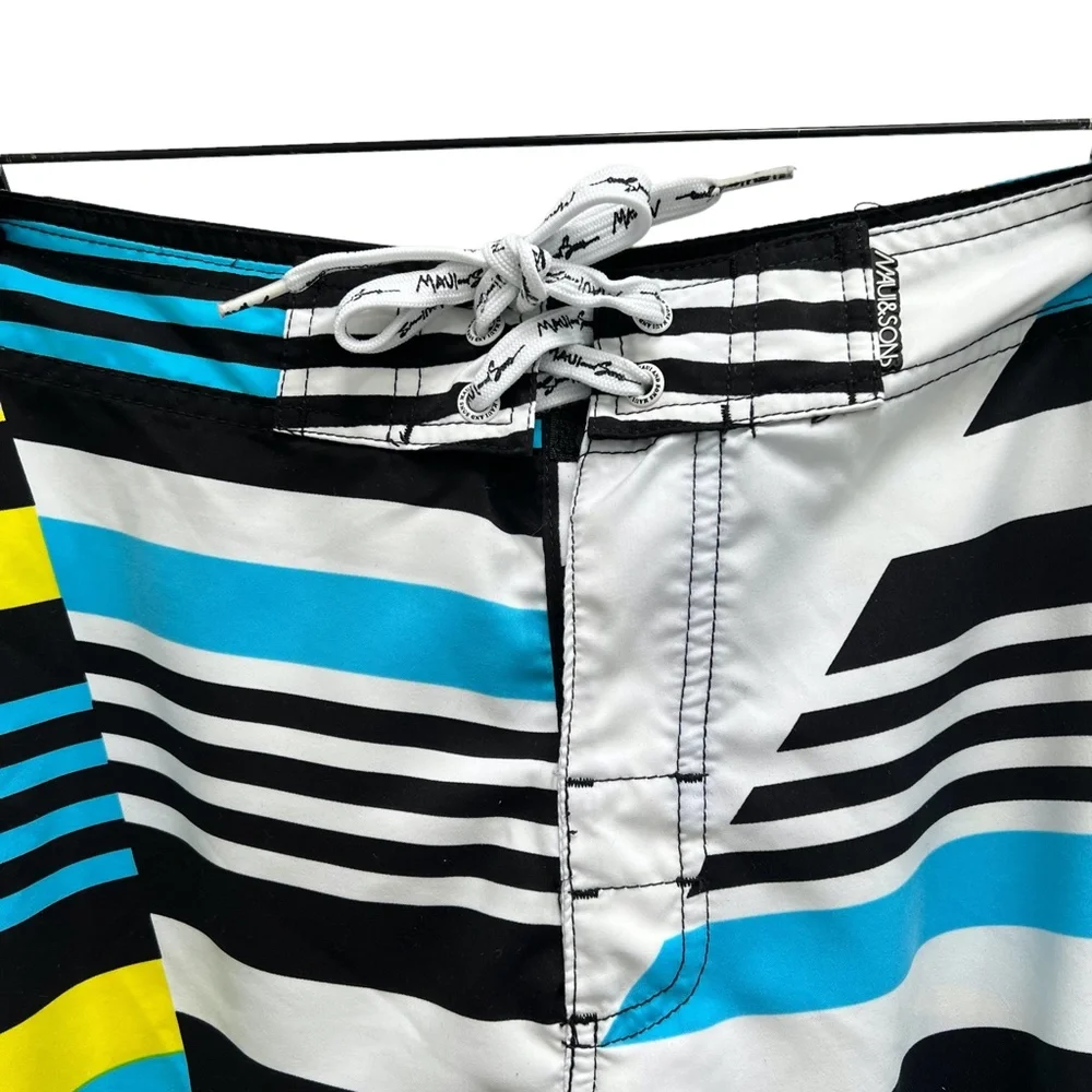 MAUI AND SONS BLUE, YELLOW, WHITE AND BLACK STRIPED BOARD SHORTS